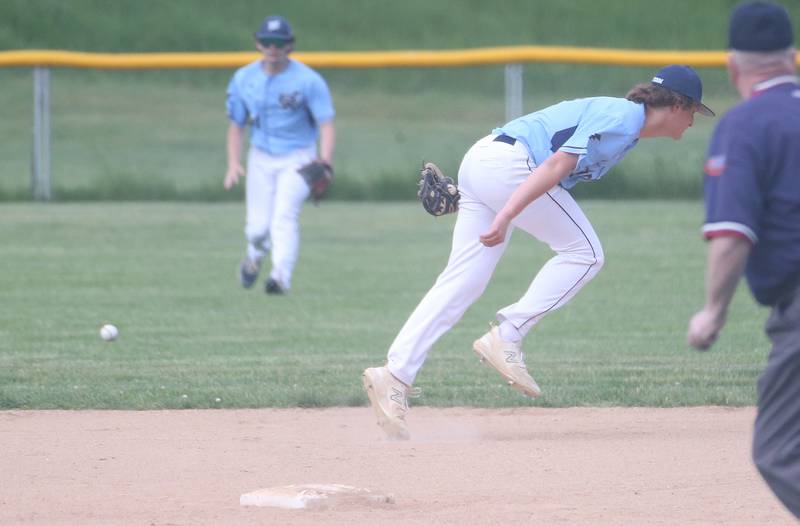 Bureau Valley's Blake Foster misses a play on a ground ball hit up the middle against St. Bede on Wednesday, May 14, 2025 at St. Bede Academy.