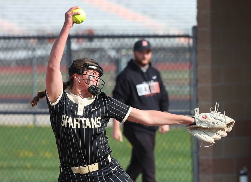 Sycamore's Addison Dierschow delivers a pitch Friday, May 2, 2025, during their game at DeKalb High School.