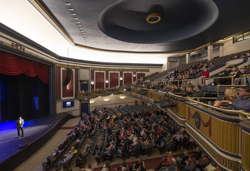 Mike Venier, president of The Dixon: Historic Theatre Board, welcomes guests Sunday, March 2, 2025, to the reopening of The Dixon after a lengthy renovation. New paint, plaster, roof, restrooms and brick work were all part of the rehab.
