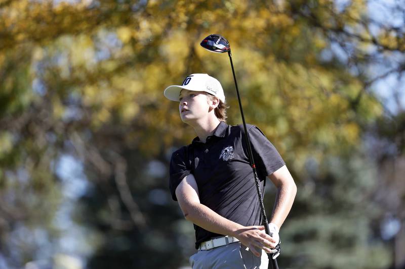 Jack Frey	of Kaneland tees off at the IHSA Class 2A Kaneland boys golf sectional  Monday, Oct. 7, 2024 at at Hughes Creek in Elburn.