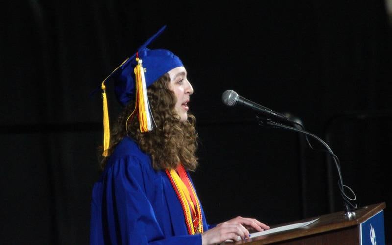 Geneva High School graduate Evelyn GIbbons serves as the senior class speaker during the school’s commencement ceremony on Tuesday, June 3, 2025 at Northern Illinois University in DeKalb.