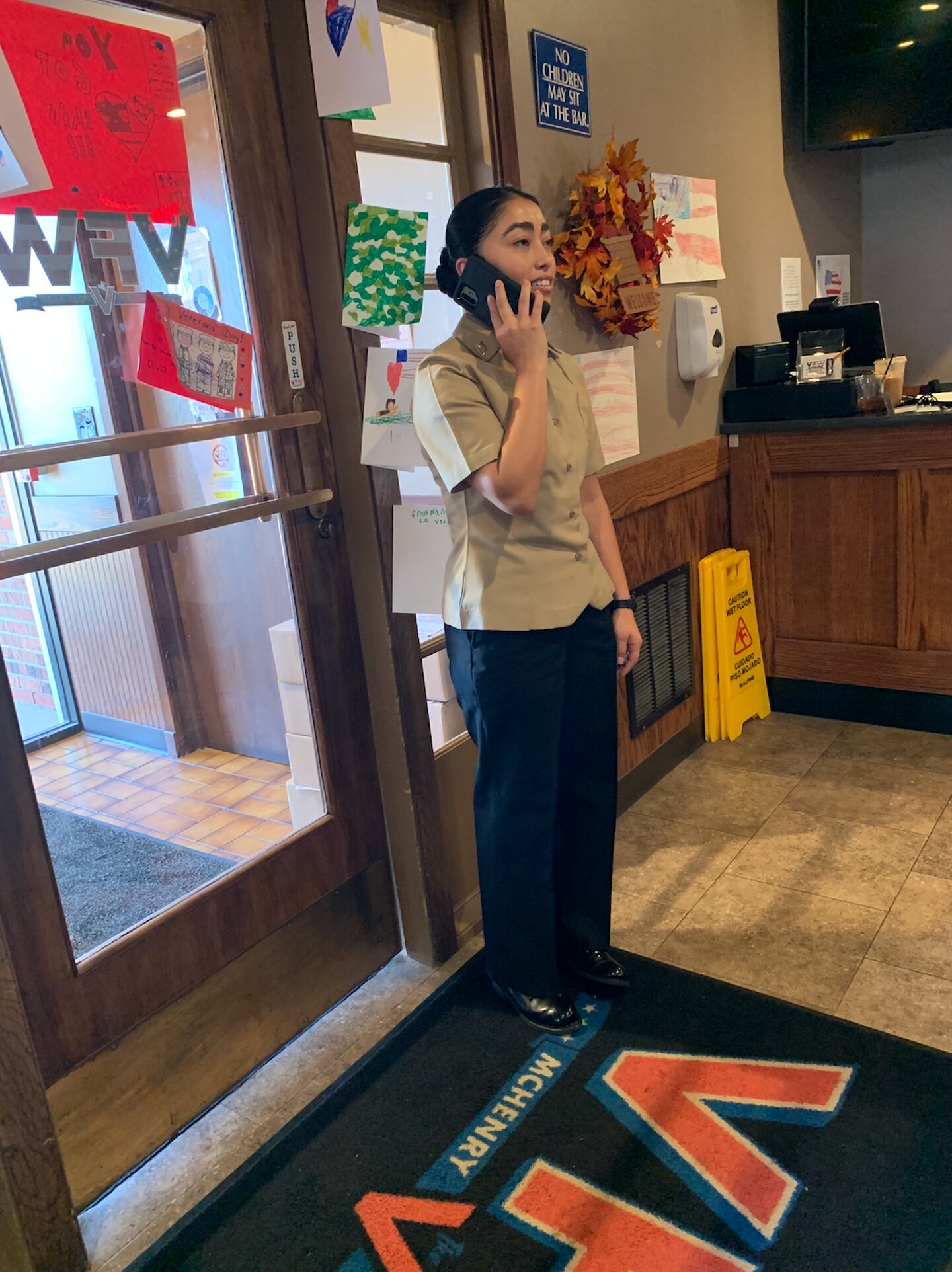 Isabella Rico, 22, a recruit from the Great Lakes Naval Station in North Chicago calls her family back home in Colorado on Thanksgiving, 2023 from the McHenry VFW Post 4600.