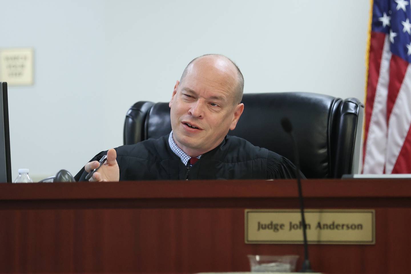 Judge John Anderson presides over the People v. Ferrell hearing at the Will County Annex building. Will County state’s attorneys are motioning to remove Joliet Township Trustee Karl Ferrell from the township board as they contend his past felony record disqualifies him from holding elected office. Tuesday, Mar. 30, 2022, in Joliet.