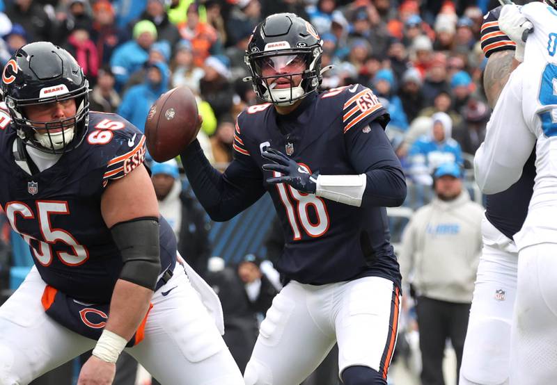 Chicago Bears quarterback Caleb Williams looks for a receiver during their game against the Detroit Lions Sunday, Dec. 22, 2024, at Soldier Field in Chicago.