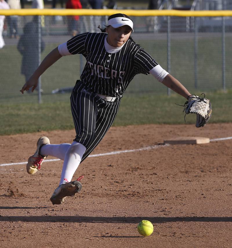 Crystal Lake Central's Liv Shaw tries to get the jump on a bunted ball during Fox Valley Conference softball game against Huntley on Tuesday, April 8, 2025, at Huntley High School.
