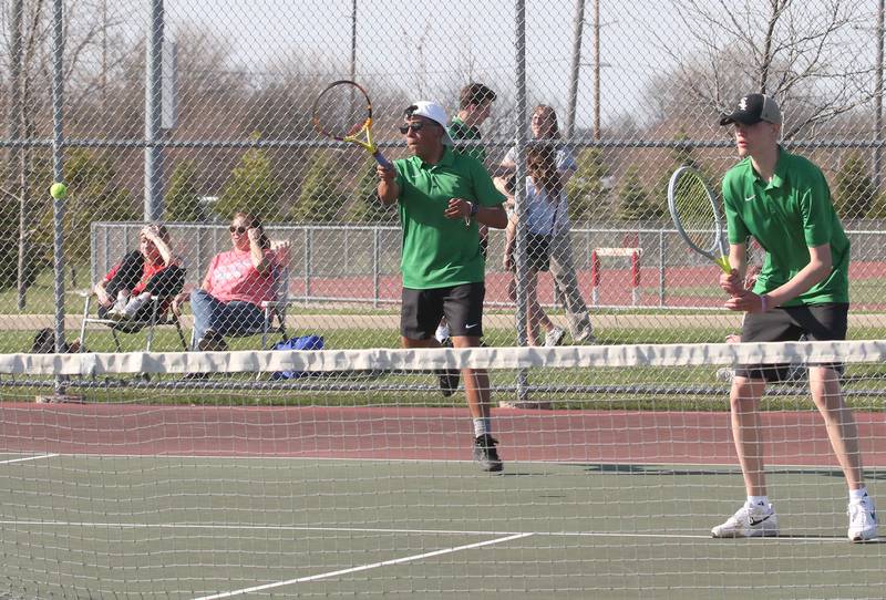 L-P's number two doubles team players Danny Santoy and Michael Peters play tennis against Ottawa on Tuesday, April 11, 2023 at the L-P Athletic Complex in La Salle.