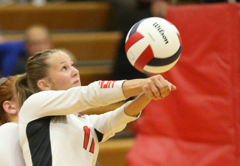 Henry Senachwine's Alison Mitchell hits the ball against Putnam County on Thursday, Aug. 28, 2025 at Henry-Senachwine High School.