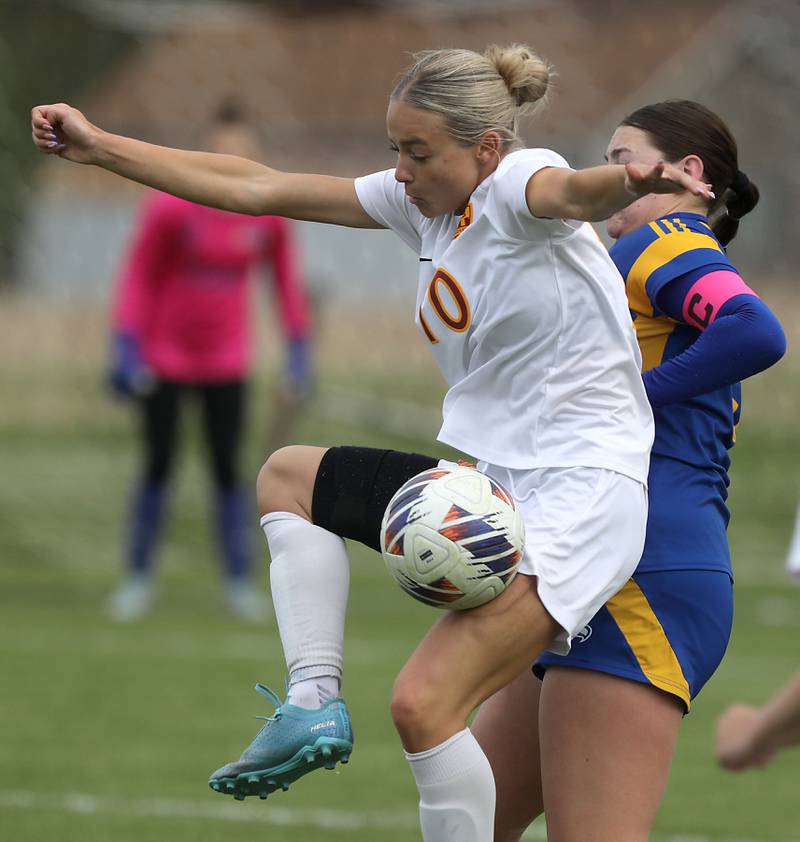 Richmond-Burton's Madelyn Seyller tires to control the ball in front of Johnsburg's Elaina Moss during the Kishwaukee River Conference Girls Soccer Tournament Championship match on Wednesday, May 6, 2026, at Johnsburg High School.