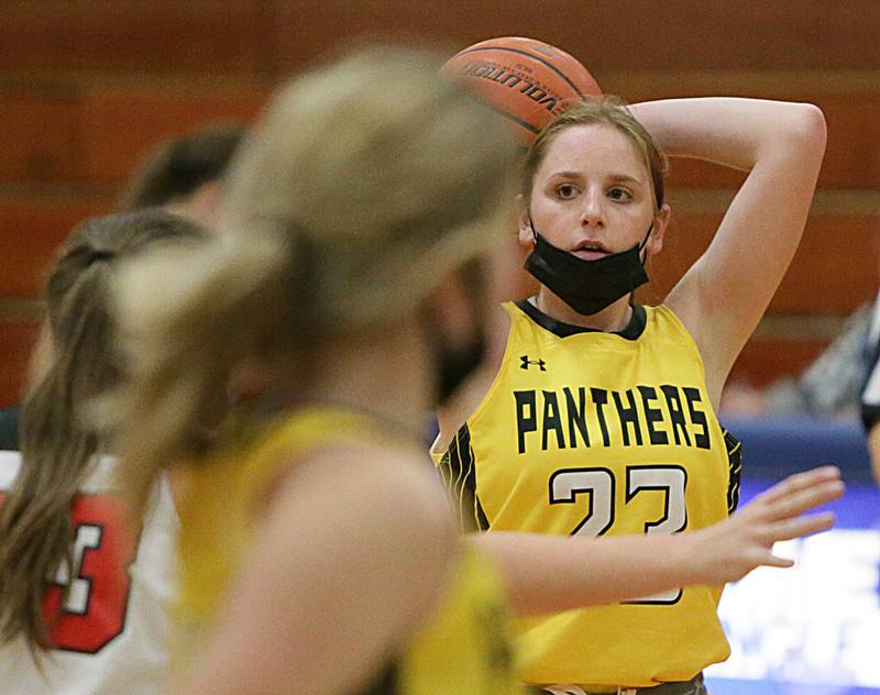Putnam County's Gracie Ciucci, (23) looking to pass the ball against Stark County last season, is back at point guard for the Panthers.