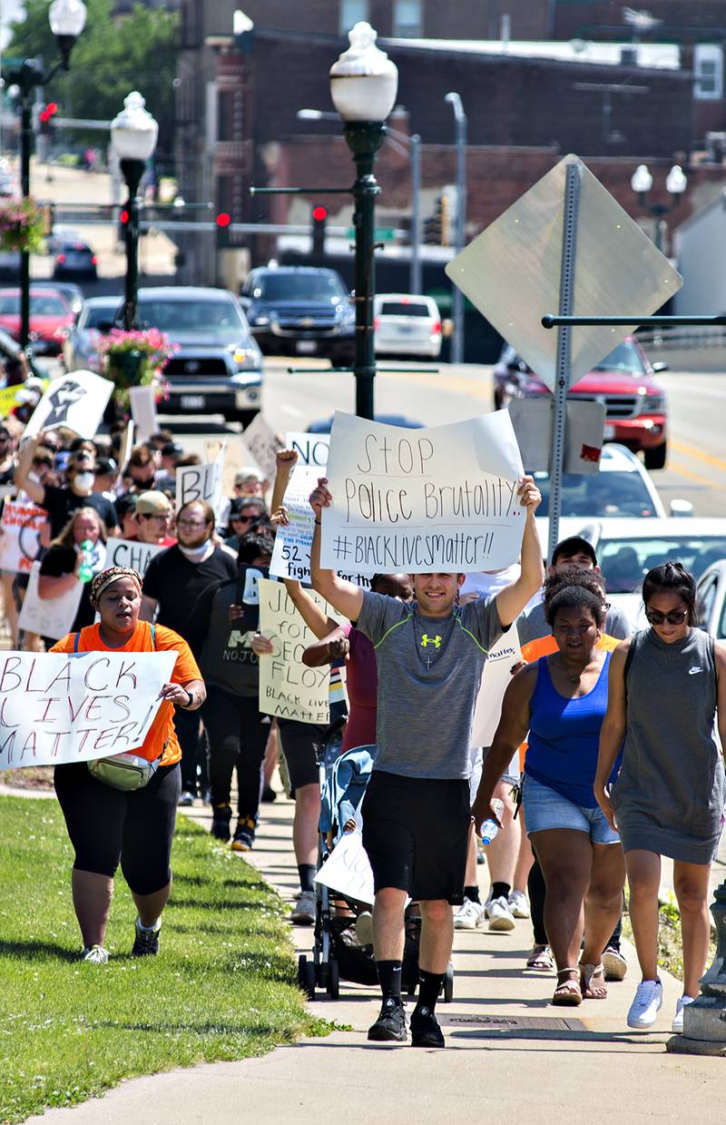Led by Dixon Police Officers on bicycles, an estimated 110 mostly young protesters marched peacefully from John Dixon Park to the Dixon arch and back to make known their frustrations on the systematic treatment of black individuals by the police. Nationwide violence and worldwide protests have erupted after George Floyd was asphyxiated by a Minneapolis police officer.