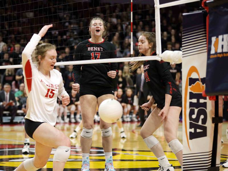 Benet’s Annie Eschenbach (17) and  Gabija Staniskis (18) react after dropping a point during the IHSA Class 4A girls volleyball state title game between Benet Academy and Mother McAuley Saturday November 12, 2022 at Redbird Arena in Normal.