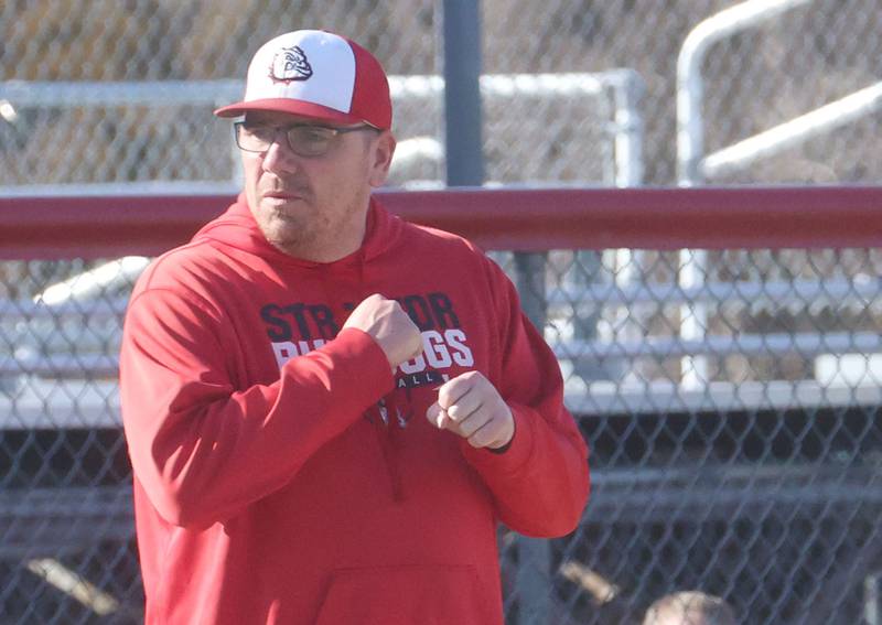 Streator head baseball coach Beau Albert coaches his team against Hall on Thursday, March 19, 2026 at Streator High School.