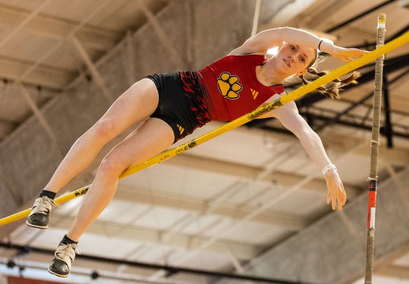 Batavia’s Macee Olson participates in the pole vault event during the Girls Track and Field DuKane Conference Meet at Batavia High School on Saturday, March 22, 2025.