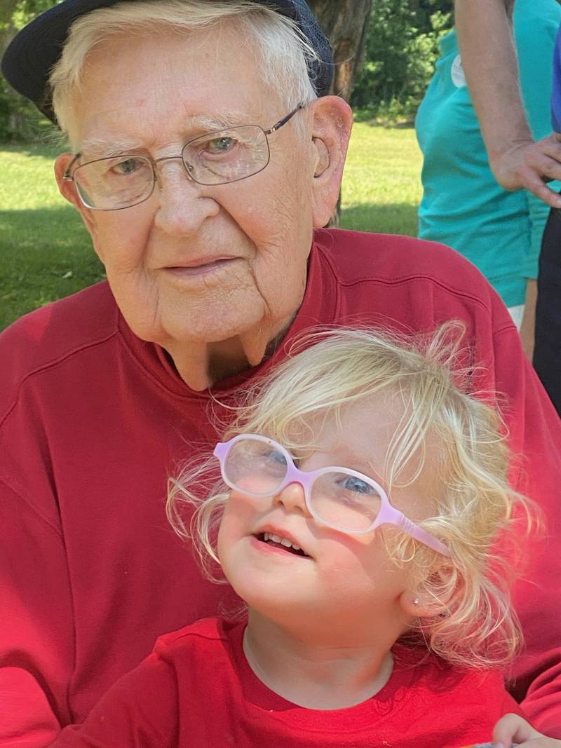 Gerald Hulslander, of Ottawa, with his great great great granddaughter Addie.