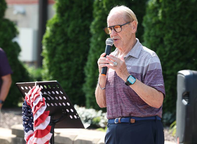 Michael Embrey, a US Air Force veteran, speaks Thursday, Aug. 22, 2024, during the DeKalb Veterans Memorial Mural dedication in Van Buer Plaza in downtown DeKalb.