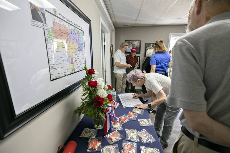 Danette Dallgas-Frey of Dixon signs in Wednesday, July 23, 2025, at Senator Li Arellano’s new Dixon office.