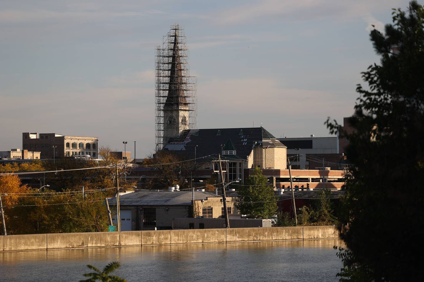 Scaffolding covers St. Mary's Carmelite Church as restoration work is being done on Monday, Oct. 23rd, 2023 in Joliet.