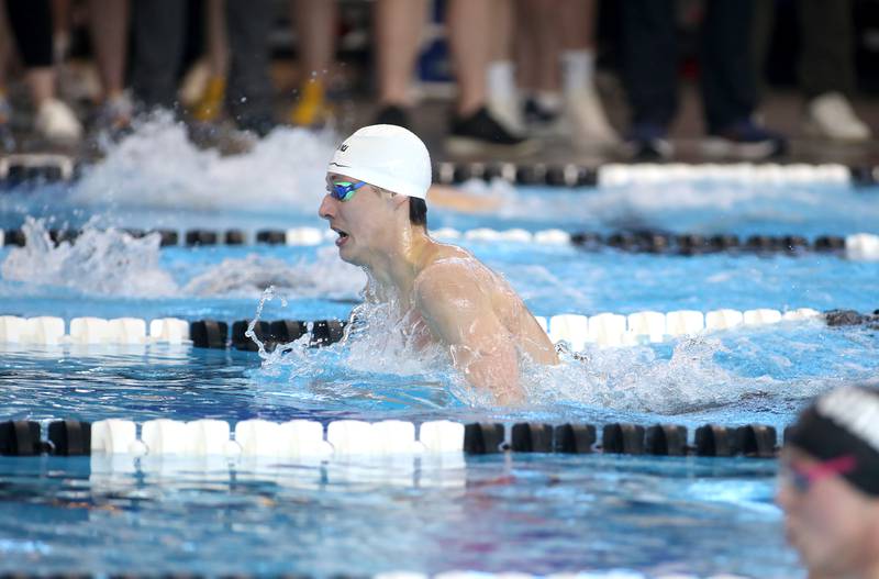 Cary-Grove’s Kasparas Venslauskas swims in the 200-meter individual medley consolation heat during the IHSA Boys State Championships on Saturday, March 1, 2025 at the FMC Natatorium in Westmont.