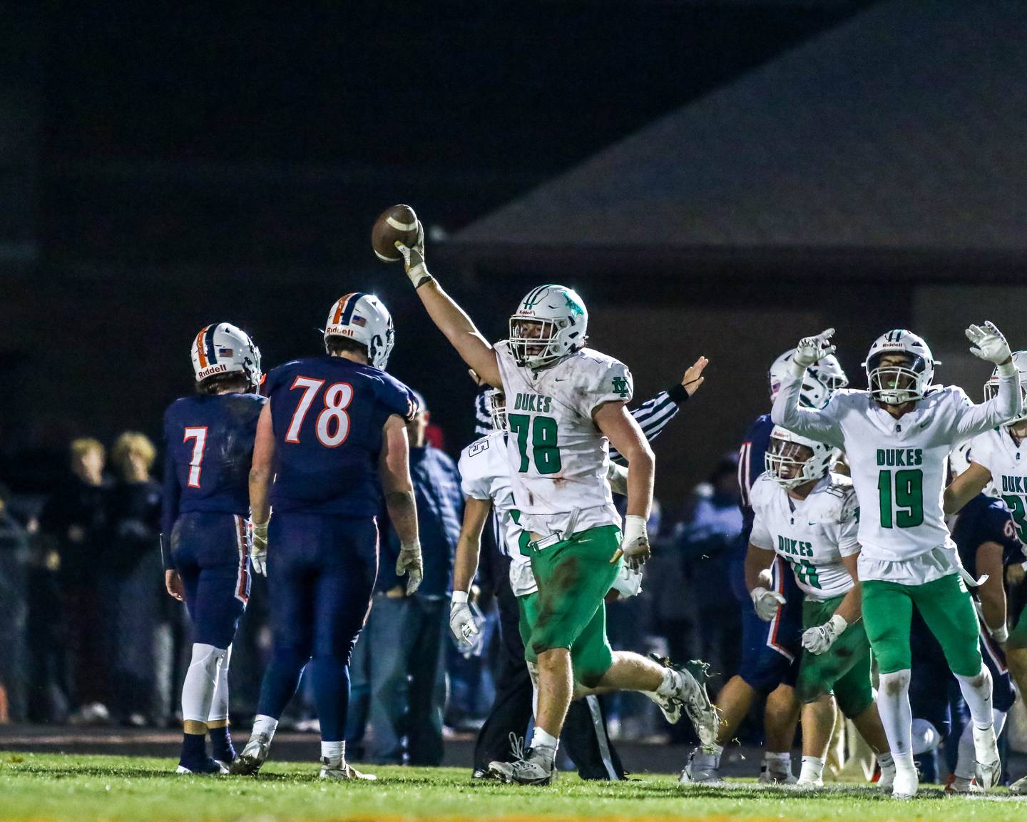 York's Joe Reiff (78) recovers a forced fumble during Class 8A second- round football game between York at Oswego on Friday, Nov 8, 2024  in Oswego.
