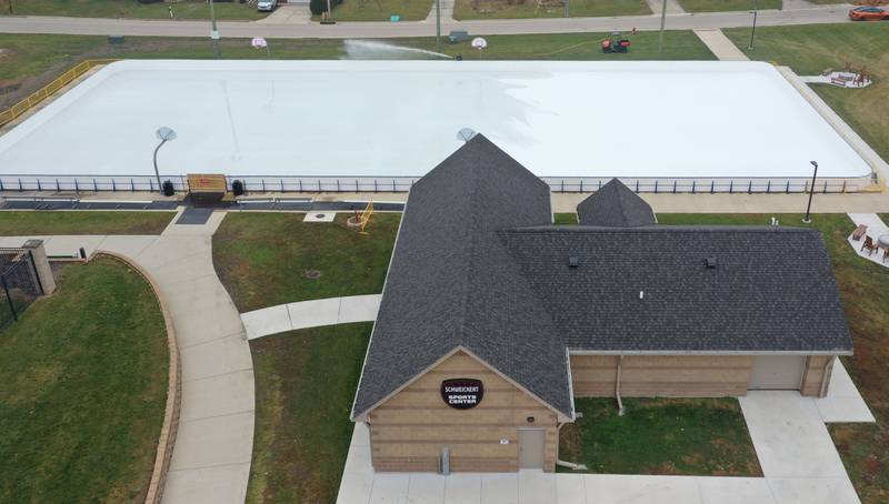 An aerial view of the The Schweickert Arena ice rink on Tuesday, Nov. 25, 2025 in Peru. The ice rink opens this weekend at Washington Park.  The concession stand that will be open on occasions during the season  Skate rental will not be available this year, but will be available in the future. Logistics are still being worked out but the city hopes to have the rink fully operational during Washington Park hours 6a.m.-10p.m. daily.