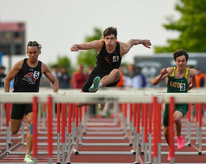 Jonathan Tegel of Crystal Lake Central competes in the 110 hurdles Thursday, May 17, 2023, during the sectional meet at DeKalb High School.