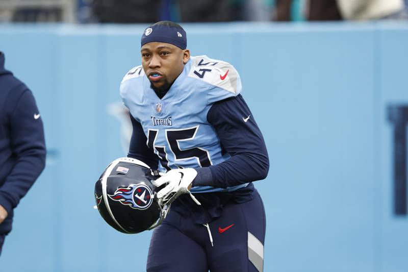 Tennessee Titans fullback Khari Blasingame warms up before an NFL football game against the Miami Dolphins Sunday, Jan. 2, 2022, in Nashville, Tenn.