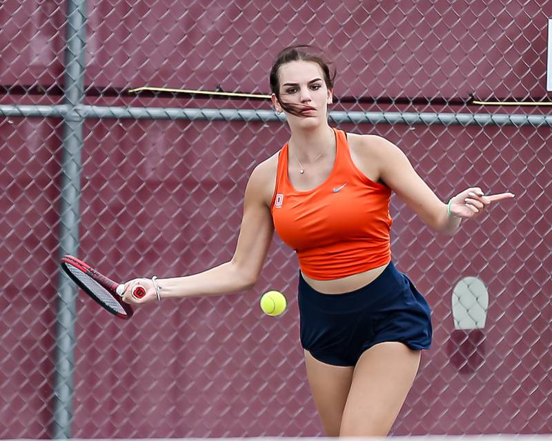 Oswego's Savannah Millard returns in her match at the Plainfield North Girls Tennis Invite.  Oct 4th, 2023.