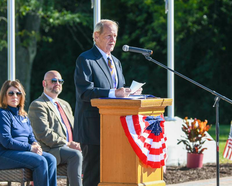 U.S. Air Force veteran Michael Embrey speaks during a dedication ceremony marking the completion of phase one of the DeKalb Elks Veteran’s Memorial Plaza in DeKalb Saturday, Oct. 1, 2022.