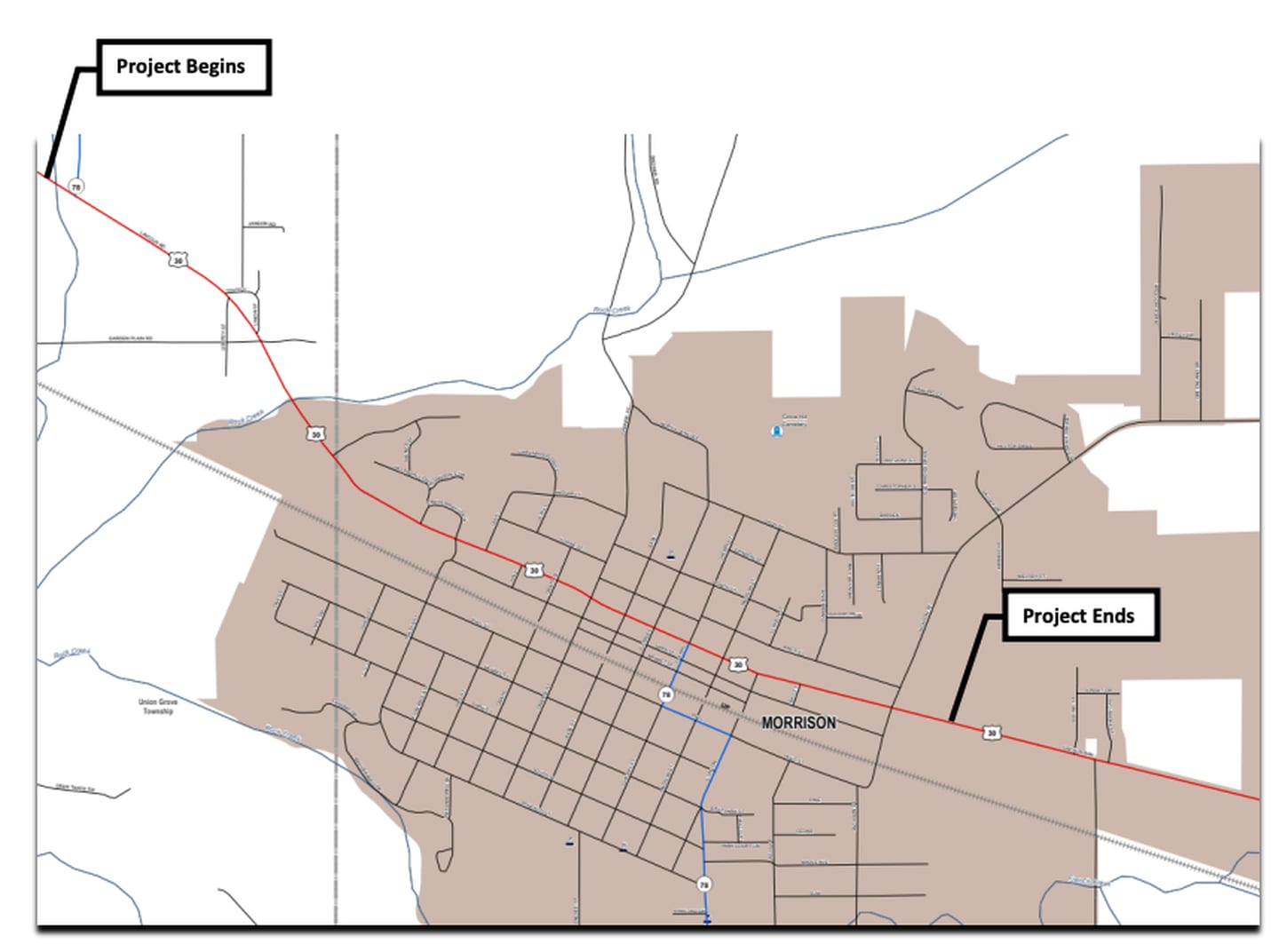 This image provided by the Illinois Department of Transportation shows the area of U.S. 30 through Morrison that would see improvements under a proposed IDOT plan.