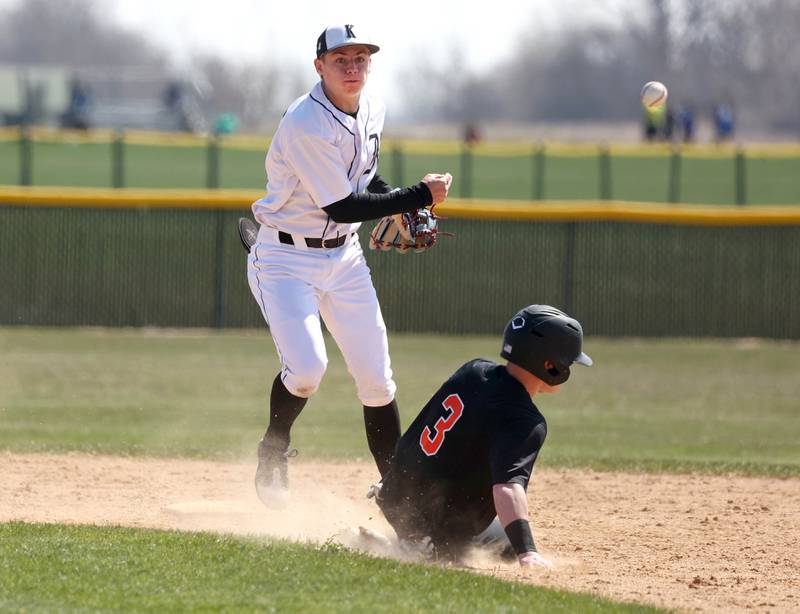 Kaneland's Kanon Baxley tries to turn a double play as DeKalb's Nikolas Nelson tries to break it up during their game Saturday, April 12, 2025, at Kaneland High School in Maple Park.