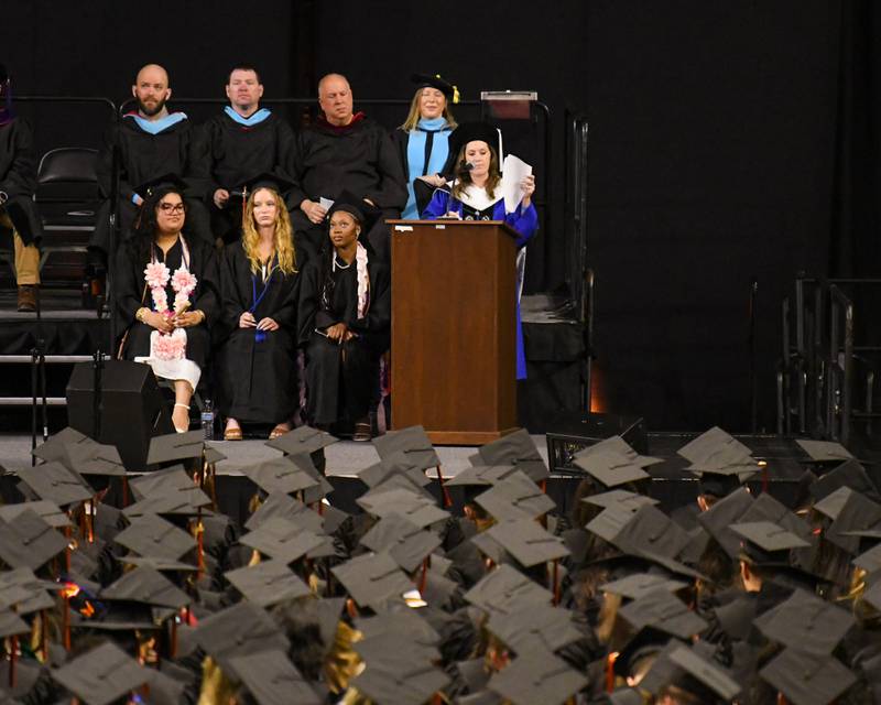DeKalb High School’s principal Dr. Donna Larson gives a commencement address on Saturday May 23, 2026, during the graduation ceremony held at the Convocation Center in DeKalb.