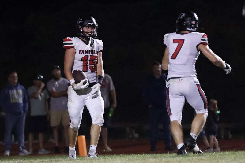 Panther wide receiver Evan Steimle was all smiles in the endzone after his pick 6 Friday evening against the hosting Mercer County Golden Eagles. Steimle not only scored two touchdowns during the contest, but also kicked all 5 of his field goal attempts through the uprights to help the Panthers win 43-15