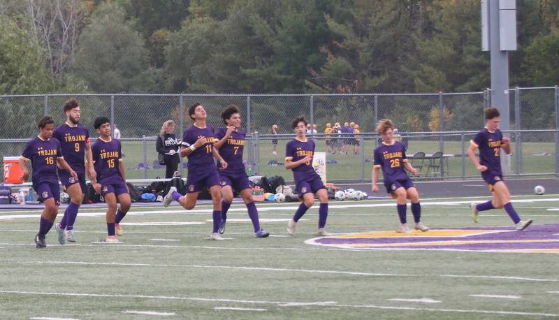 Members of the Mendota soccer team warm-up before playing Winnebago on Wednesday, Oct. 4, 2023 at Mendota High School.