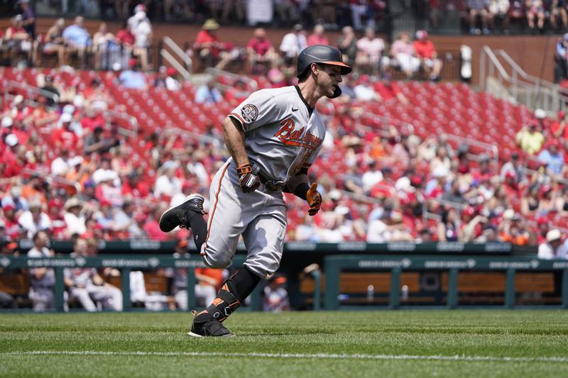 Baltimore Orioles infielder Rylan Bannon singles on his first major league at-bat during the second inning against the St. Louis Cardinals on Thursday, May 12, 2022, in St. Louis.