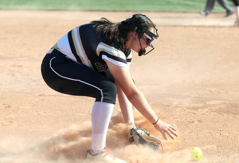 Sycamore's Brooklynn Snodgrass fields a bunt during their Class 3A sectional championship win over Sterling Friday, June 2, 2023, at Belvidere North High School.