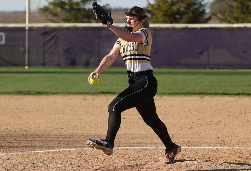 Sycamore's Ellison Hallahan delivers a pitch Monday, April 15, 2024, during their game against Rochelle at Rochelle High School.
