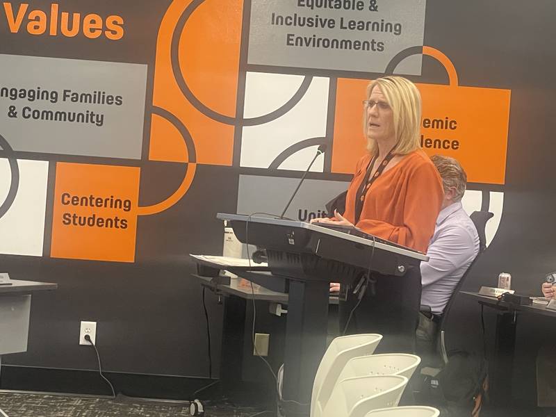 DeKalb District 428's director of facility safety operations Tammy Carson briefs the school board during its Jan. 13, 2026, meeting about its five-year project plan.