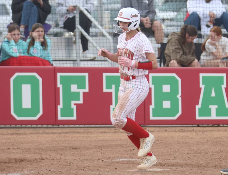 L-P's Sophie Pyszka scores a run against Morton on Friday, March 20, 2026 at the L-P Athletic Complex in La Salle.