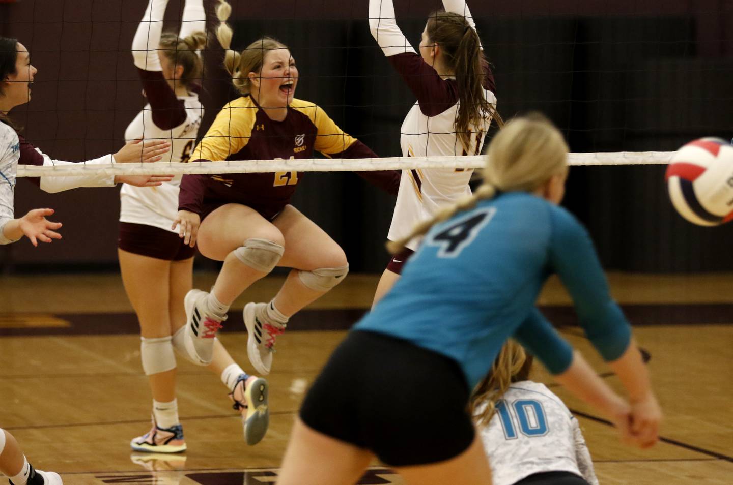 Richmond-Burton's Lyndsay Regnier celebrates a point during a Kishwaukee River Conference volleyball match Wednesday, Sept. 14, 2022, between Richmond-Burton and Woodstock North at Richmond-Burton Community High School.