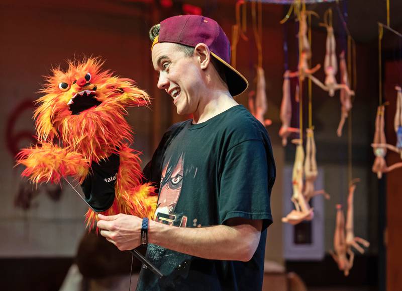 August Forman is Jason, seen here with Jason’s potentially possessed puppet, Tyrone, in Paramount Theatre’s BOLD Series production of "Hand to God," the Tony-nominated, darkly humorous horror shocker.