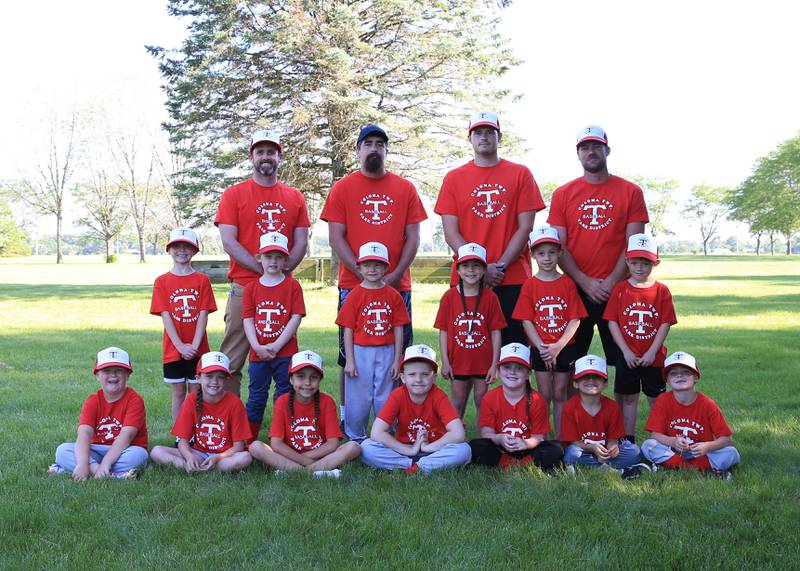 Reds of the Coloma Park District tee-ball league. Roster players include Paisley Buchholz, Weston Holloway, Jersey Wolf, Delaney Andrew, Grayson Gillette, Emma Gillette, Kayde Devries, Camden Lilly, Owen Dorathy, Evelyn Scanlan, Oden Scanlan, Sophia Ortiz, Nayeli Ortiz. Photo identifications were not available.