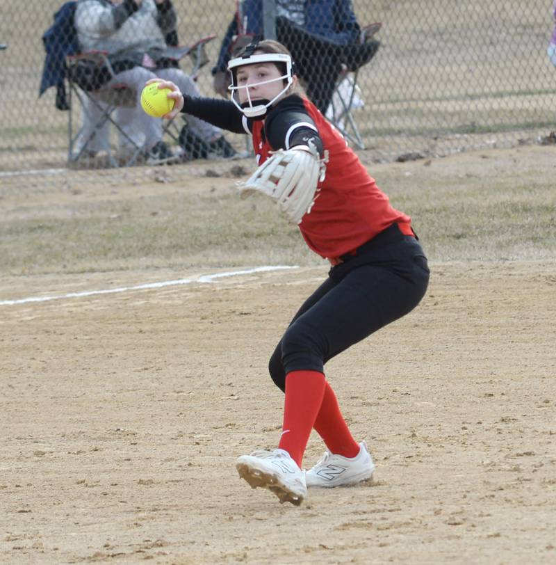 Amboy's Jaydn Welchel gears up to throw to first for an out against Oregon on Tuesday, March 18, 2025 at Oregon Park West.