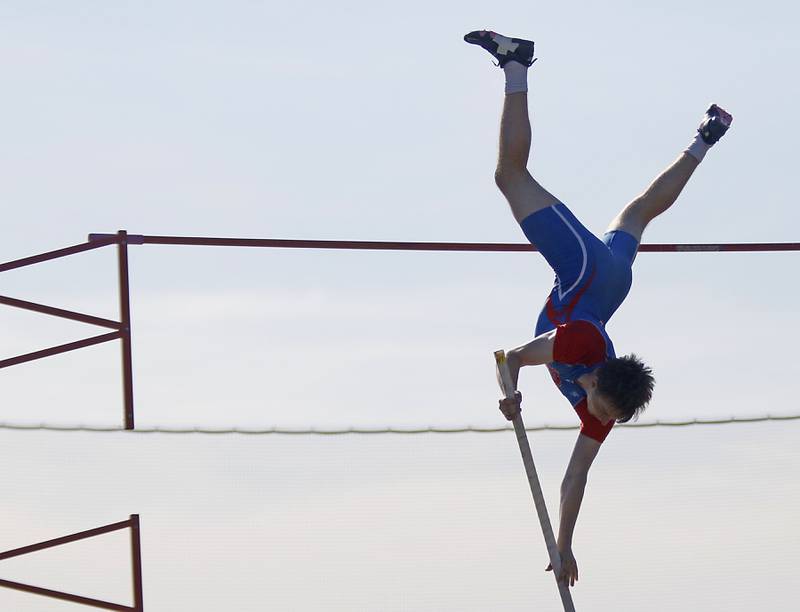 Dundee-Crown's Rylan Schmidt competes in the pole vault during the Fox Valley Conference  Boys Track and Field Meet on Thursday, May 14, 2026, at Huntley High School.