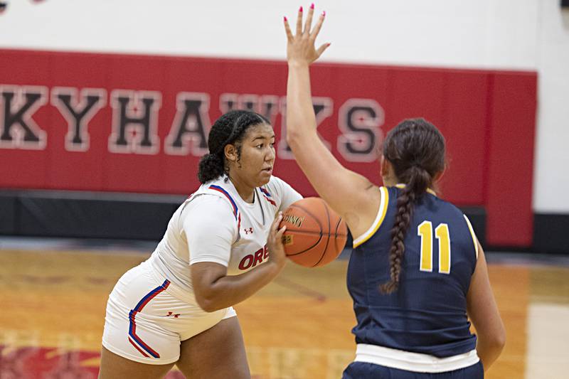 Oregon’s Mariah Drake looks to pass Thursday, June 15, 2023 during the Sauk Valley Media All-Star Basketball Classic at Sauk Valley College.