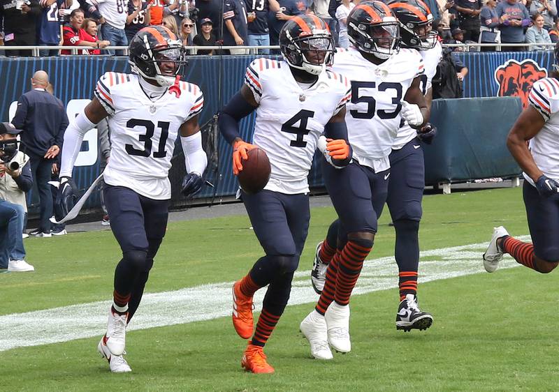 Chicago Bears safety Eddie Jackson comes off the field with the ball after intercepting a pass in the end zone during the Bears a 23-20 win over the Houston Texans Sunday, Sept. 25, 2022, at Soldier Field in Chicago.
