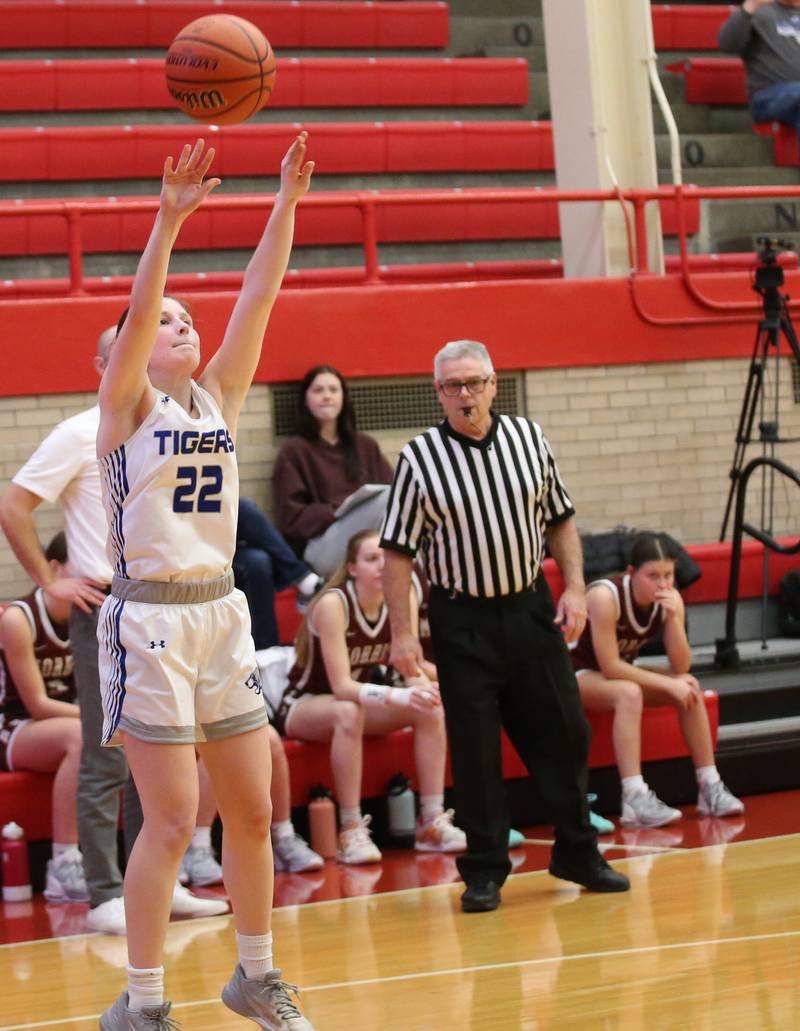 Princeton's Camryn Driscoll shoots a wide-open three point basket against Morris during the Lady Pirate Holiday Tournament on Wednesday, Dec. 20, 2023 in Kingman Gym.