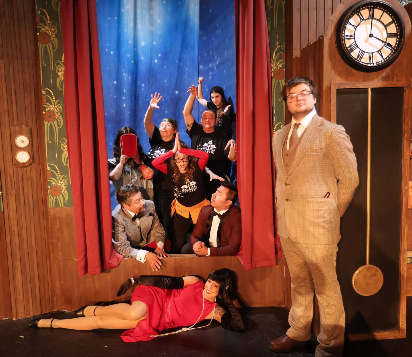 The cast of “The Play That Goes Wrong” (from left) Scott Harl, Nick Adams, Jeff Sudakov, Ana Klobnak and Mary Gramsas act out a scene during rehersal on Tuesday, March 31, 2026 at Stage 212 in La Salle.