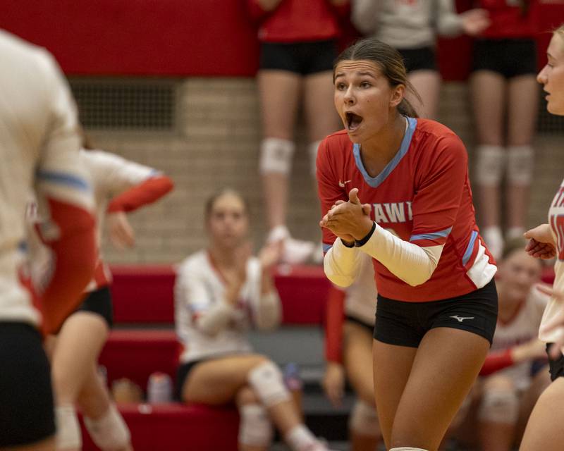 Meredith Waldron (2) of Ottawa hypes up teammates after scoring on Thursday, Sept. 18, 2025 at Ottawa High School in Ottawa.