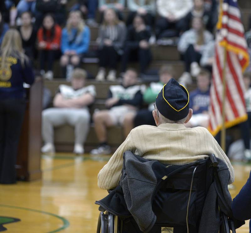 Veterans listen to the thanks and appreciation given to them Friday  Friday during an all school assembly at Seneca High School.  The  Seneca FFA led the program to honor veterans.