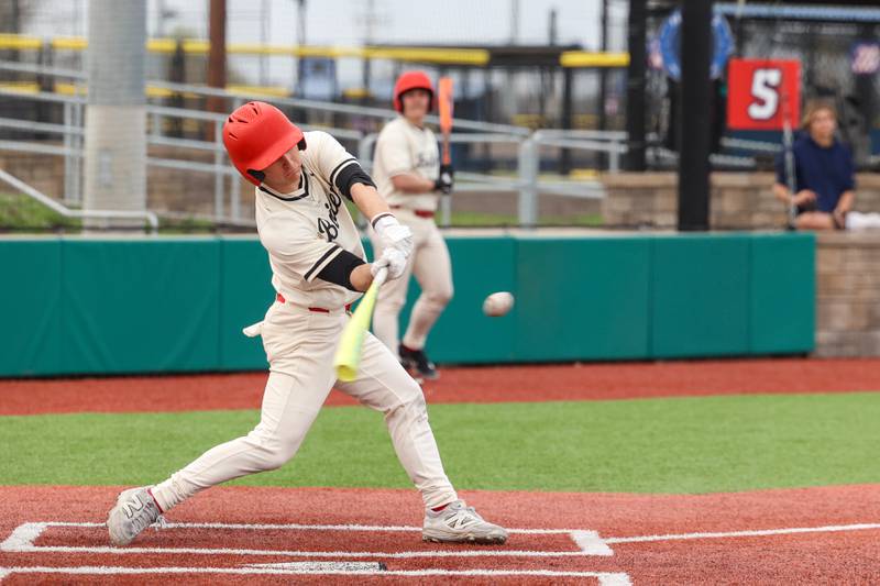 Bradley-Bourbonnais' Jace Boudreau connects for a hit during the Boilermakers' 8-7 loss to Homewood-Flossmoor on Monday, April 13, 2026.